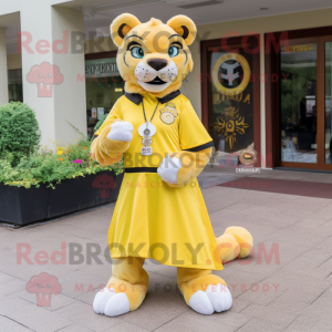 Lemon Yellow Mountain Lion mascot costume character dressed with a Mini Dress and Earrings