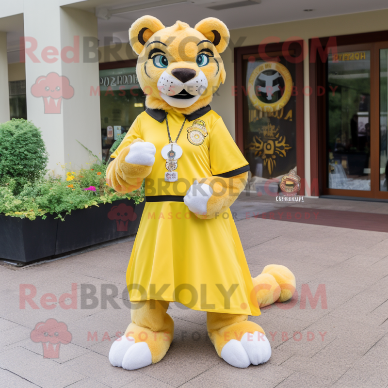 Lemon Yellow Mountain Lion mascot costume character dressed with a Mini Dress and Earrings Lemon Yellow Mountain Lion mascot costume character dressed with a Mini Dress and Earrings