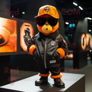 Black Orange mascot costume character dressed with a Bomber Jacket and Sunglasses