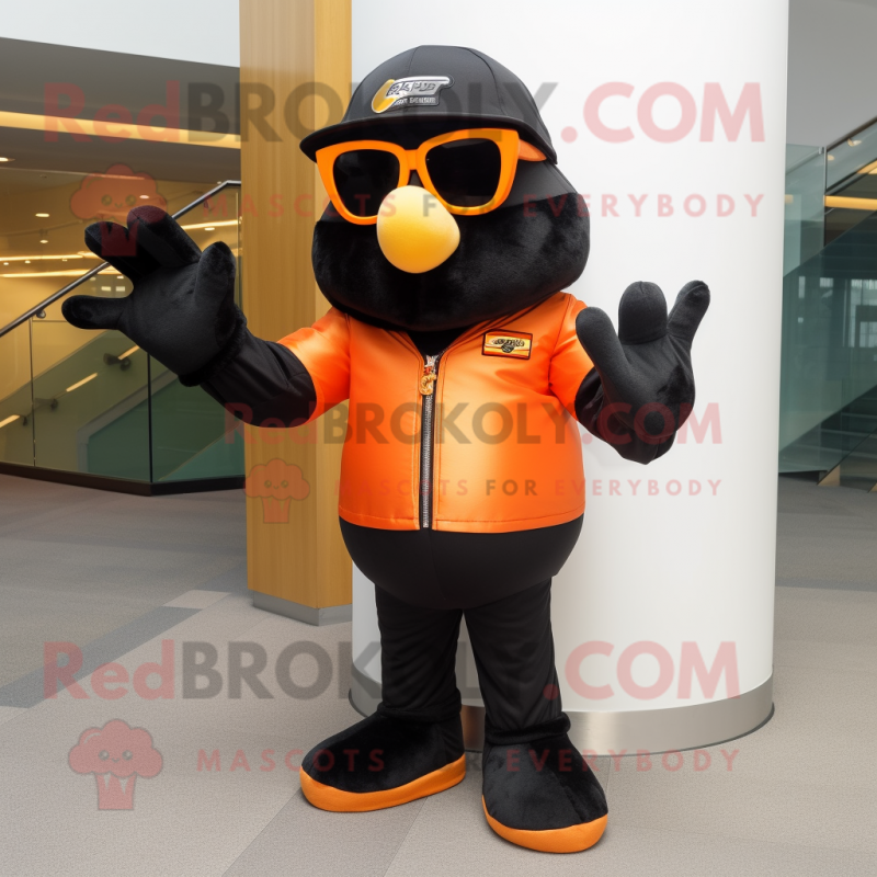 Black Orange mascot costume character dressed with a Bomber Jacket and Sunglasses