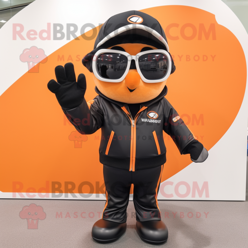Black Orange mascot costume character dressed with a Bomber Jacket and Sunglasses Black Orange mascot costume character dressed with a Bomber Jacket and Sunglasses