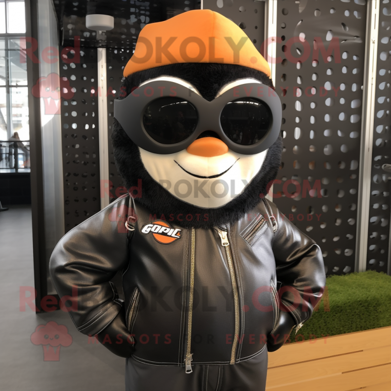 Black Orange mascot costume character dressed with a Bomber Jacket and Sunglasses