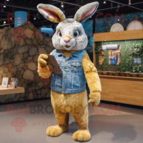 Gold Wild Rabbit mascot costume character dressed with a Denim Shorts and Wallets