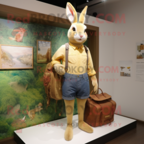 Gold Wild Rabbit mascot costume character dressed with a Denim Shorts and Wallets