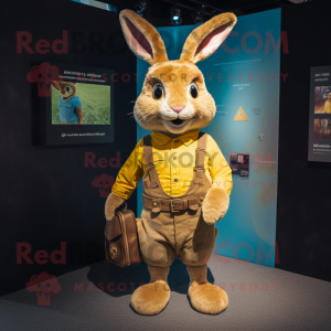 Gold Wild Rabbit mascot costume character dressed with a Denim Shorts and Wallets