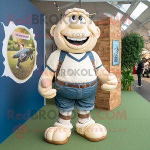 Cream Rugby Ball mascot costume character dressed with a Jeans and Anklets