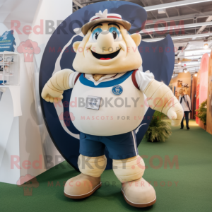 Cream Rugby Ball mascot costume character dressed with a Jeans and Anklets