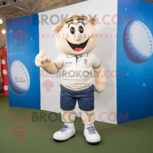 Cream Rugby Ball mascot costume character dressed with a Jeans and Anklets