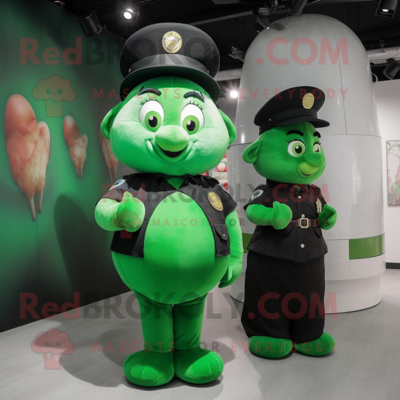 Forest Green Police Officer mascot costume character dressed with a Ball Gown and Coin purses Forest Green Police Officer mascot costume character dressed with a Ball Gown and Coin purses