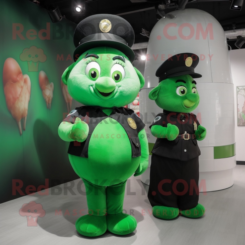 Forest Green Police Officer mascot costume character dressed with a Ball Gown and Coin purses