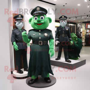 Forest Green Police Officer mascot costume character dressed with a Ball Gown and Coin purses