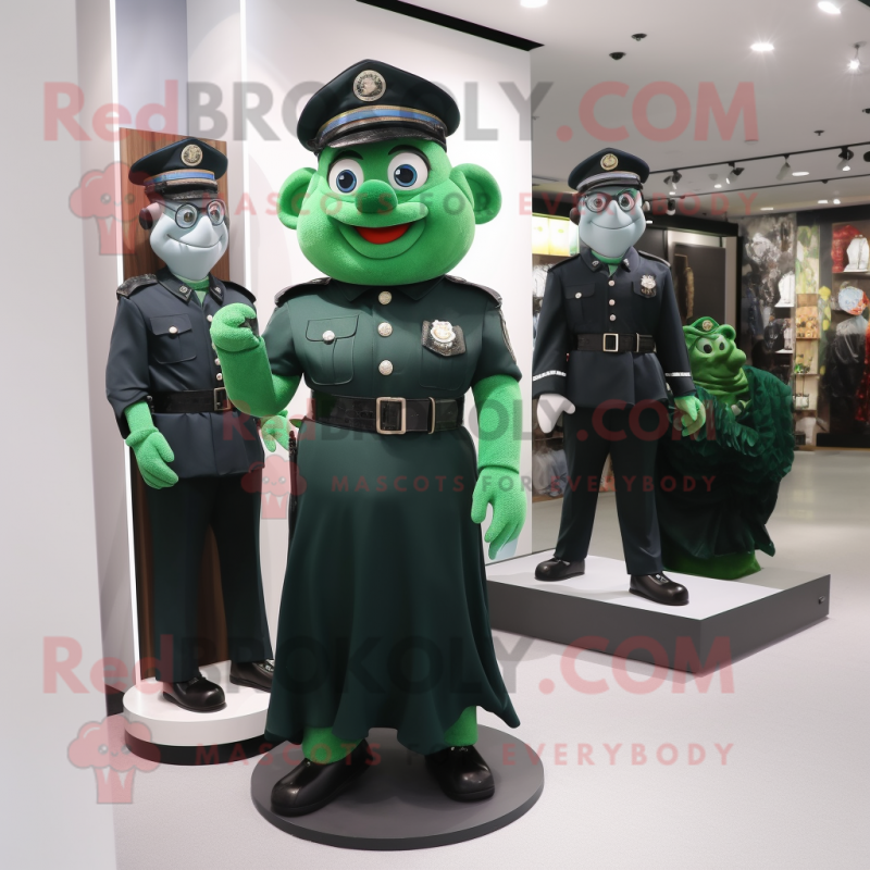 Forest Green Police Officer mascot costume character dressed with a Ball Gown and Coin purses