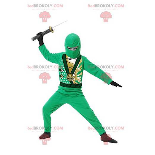 Guerreiro ninja mascote verde com sua espada. - Redbrokoly.com