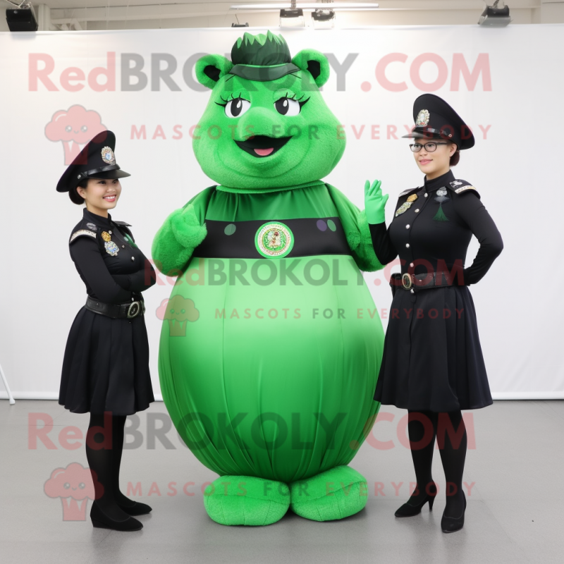 Forest Green Police Officer mascot costume character dressed with a Ball Gown and Coin purses Forest Green Police Officer mascot costume character dressed with a Ball Gown and Coin purses