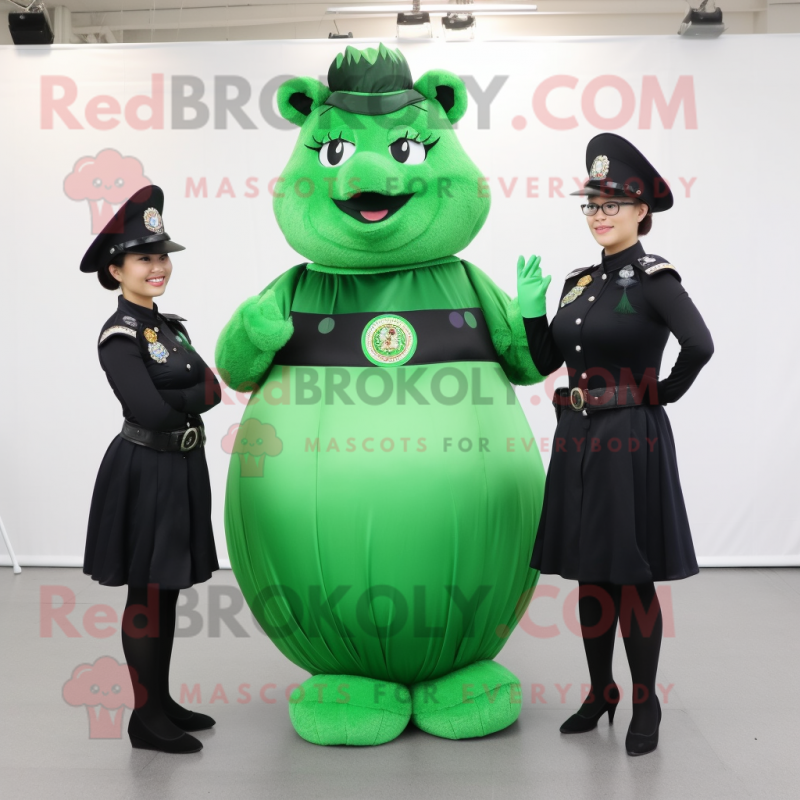 Forest Green Police Officer mascot costume character dressed with a Ball Gown and Coin purses