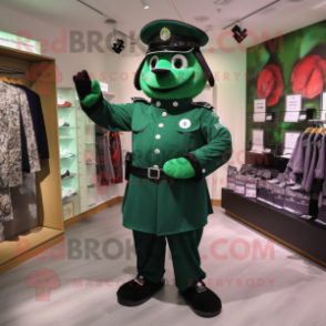 Forest Green Police Officer mascot costume character dressed with a Ball Gown and Coin purses