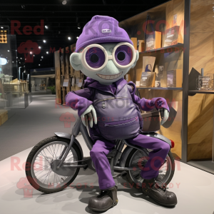 Lavender Trapeze Artist mascot costume character dressed with a Biker Jacket and Tote bags