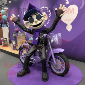 Lavender Trapeze Artist mascot costume character dressed with a Biker Jacket and Tote bags