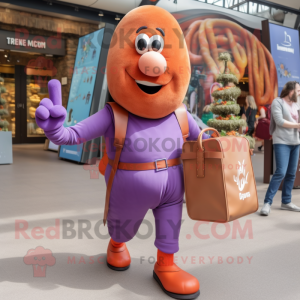 Lavender Currywurst mascot costume character dressed with a Cargo Pants and Handbags