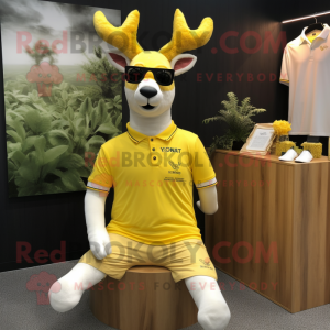 Lemon Yellow Deer mascot costume character dressed with a Polo Tee and Rings