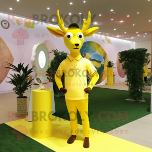 Lemon Yellow Deer mascot costume character dressed with a Polo Tee and Rings