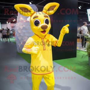 Lemon Yellow Deer mascot costume character dressed with a Polo Tee and Rings