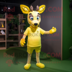 Lemon Yellow Deer mascot costume character dressed with a Polo Tee and Rings