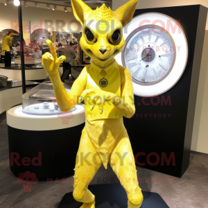 Lemon Yellow Chupacabra mascot costume character dressed with a Wrap Skirt and Bracelet watches