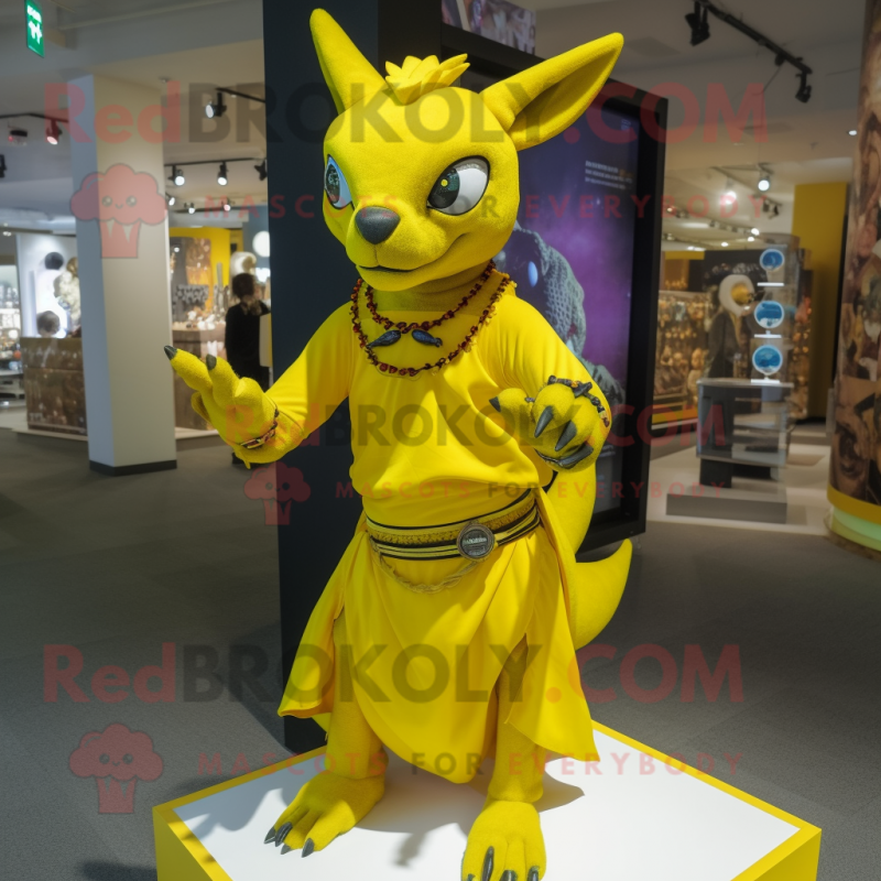 Lemon Yellow Chupacabra mascot costume character dressed with a Wrap Skirt and Bracelet watches