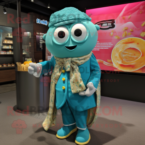 Turquoise Ramen mascot costume character dressed with a Blazer and Smartwatches