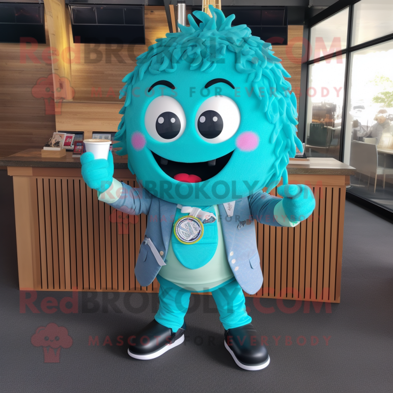 Turquoise Ramen mascot costume character dressed with a Blazer and Smartwatches Turquoise Ramen mascot costume character dressed with a Blazer and Smartwatches