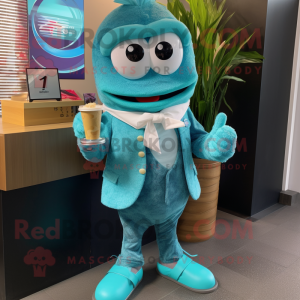 Turquoise Ramen mascot costume character dressed with a Blazer and Smartwatches