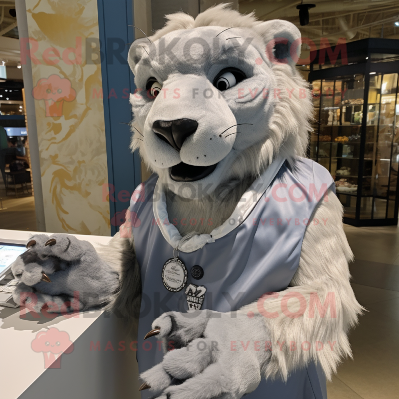 Silver Smilodon mascot costume character dressed with a Poplin Shirt and Clutch bags Silver Smilodon mascot costume character dressed with a Poplin Shirt and Clutch bags