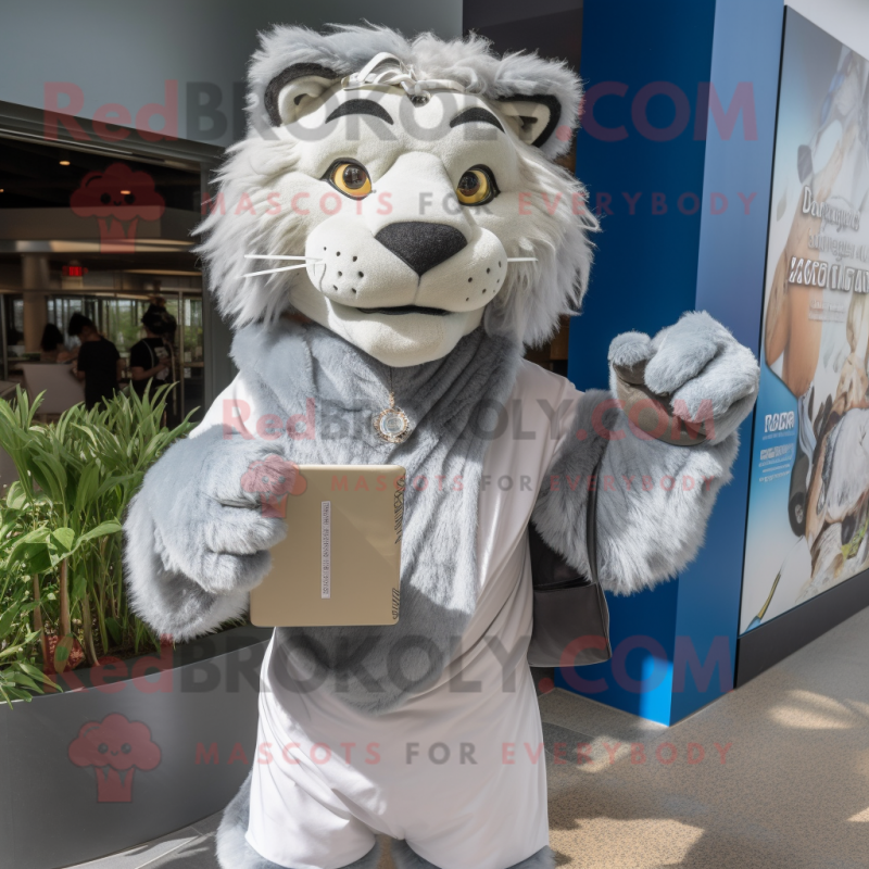 Silver Smilodon mascot costume character dressed with a Poplin Shirt and Clutch bags Silver Smilodon mascot costume character dressed with a Poplin Shirt and Clutch bags