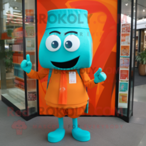 Turquoise Orange mascot costume character dressed with a Trousers and Clutch bags