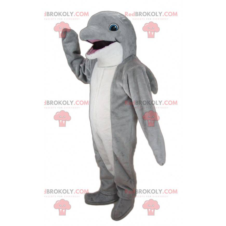 Mascote golfinho gigante cinza e branco - Redbrokoly.com