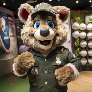 Olive Lynx mascot costume character dressed with a Rugby Shirt and Berets