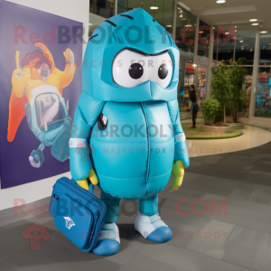 Cyan American Football Helmet mascot costume character dressed with a Cover-up and Messenger bags