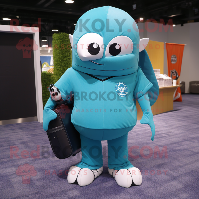 Cyan American Football Helmet mascot costume character dressed with a Cover-up and Messenger bags