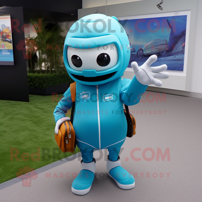 Cyan American Football Helmet mascot costume character dressed with a Cover-up and Messenger bags