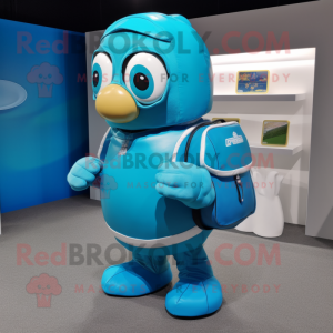 Cyan American Football Helmet mascot costume character dressed with a Cover-up and Messenger bags