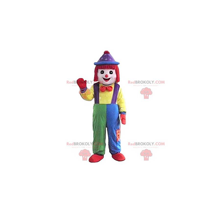 Clown mascotte met een mooie veelkleurige overall -