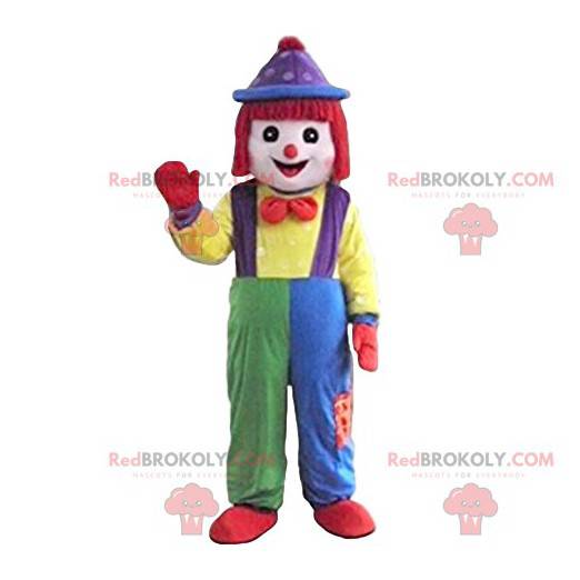 Clown mascotte met een mooie veelkleurige overall -