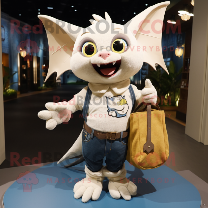 Cream Bat mascot costume character dressed with a Jeans and Handbags Cream Bat mascot costume character dressed with a Jeans and Handbags