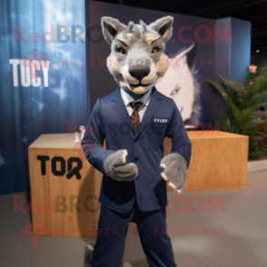 Navy Thylacosmilus mascot costume character dressed with a Blazer and Hairpins