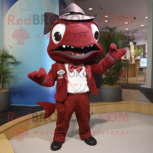 Maroon Tuna mascot costume character dressed with a Jumpsuit and Bow ties