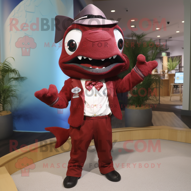 Maroon Tuna mascot costume character dressed with a Jumpsuit and Bow ties Maroon Tuna mascot costume character dressed with a Jumpsuit and Bow ties