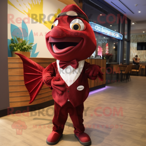 Maroon Tuna mascot costume character dressed with a Jumpsuit and Bow ties