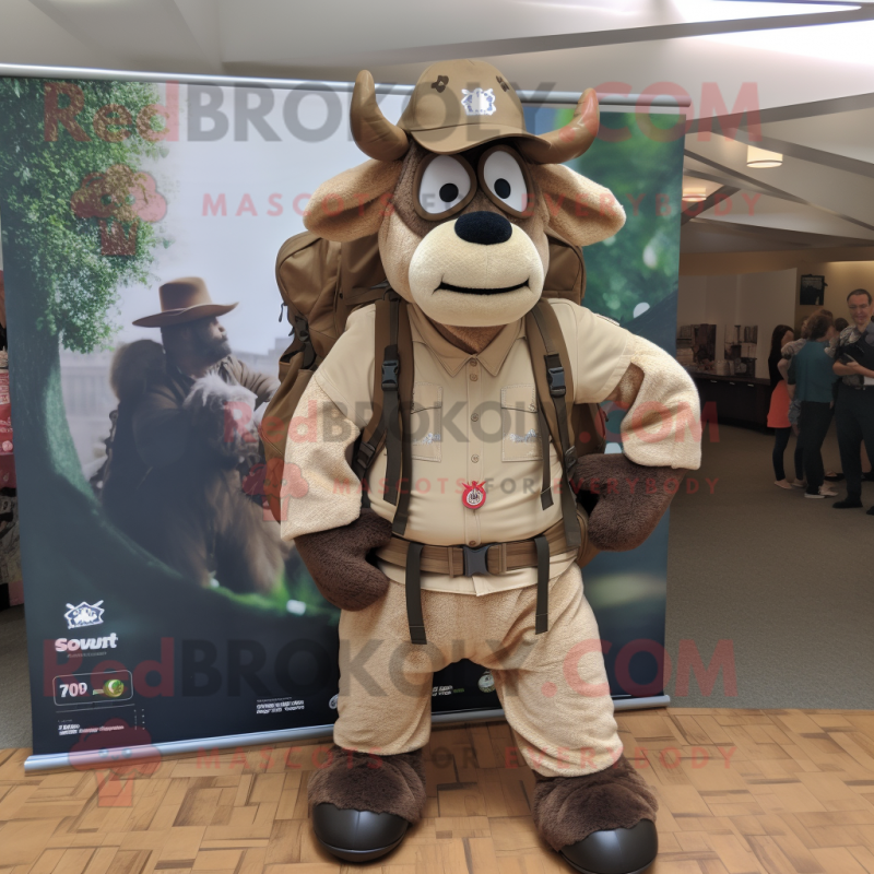 Tan Beef Stroganoff mascot costume character dressed with a Romper and Backpacks Tan Beef Stroganoff mascot costume character dressed with a Romper and Backpacks
