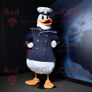 Navy Muscovy Duck mascot costume character dressed with a Turtleneck and Foot pads